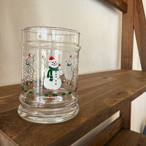 Vintage 1990 Anchor Hocking Snowman‎ Holly Glass Votive Candle Holder Decor